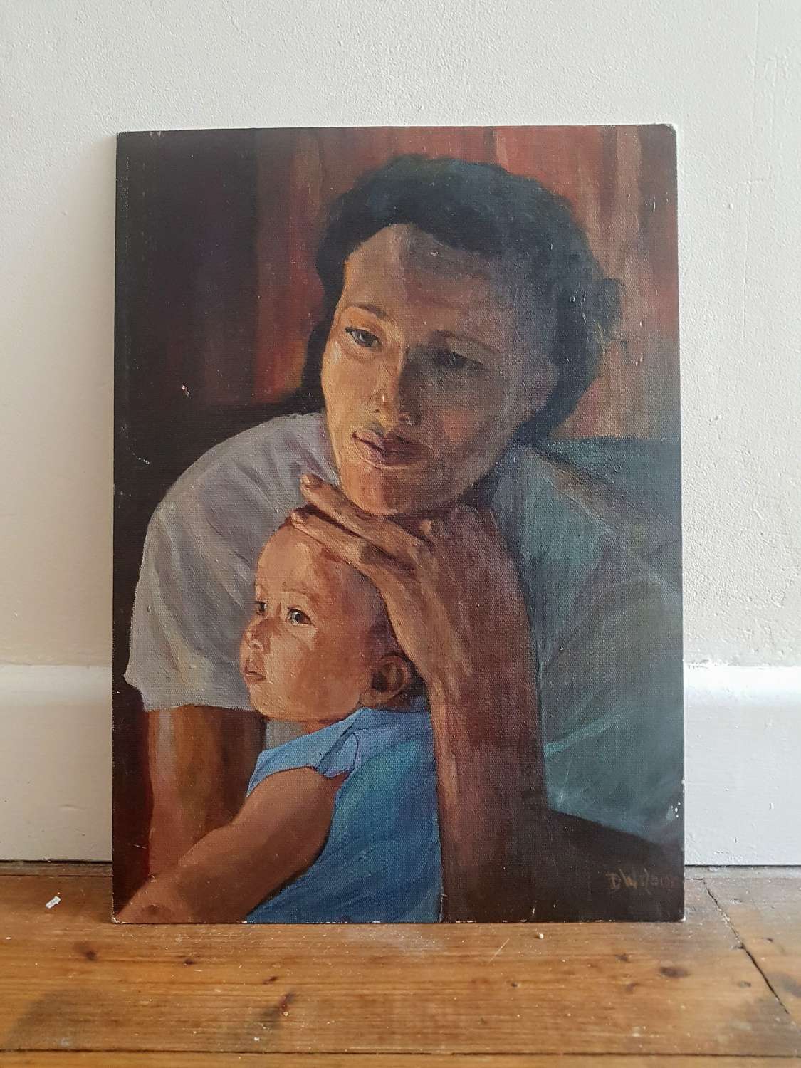 Oil on board study of a Mother and Child