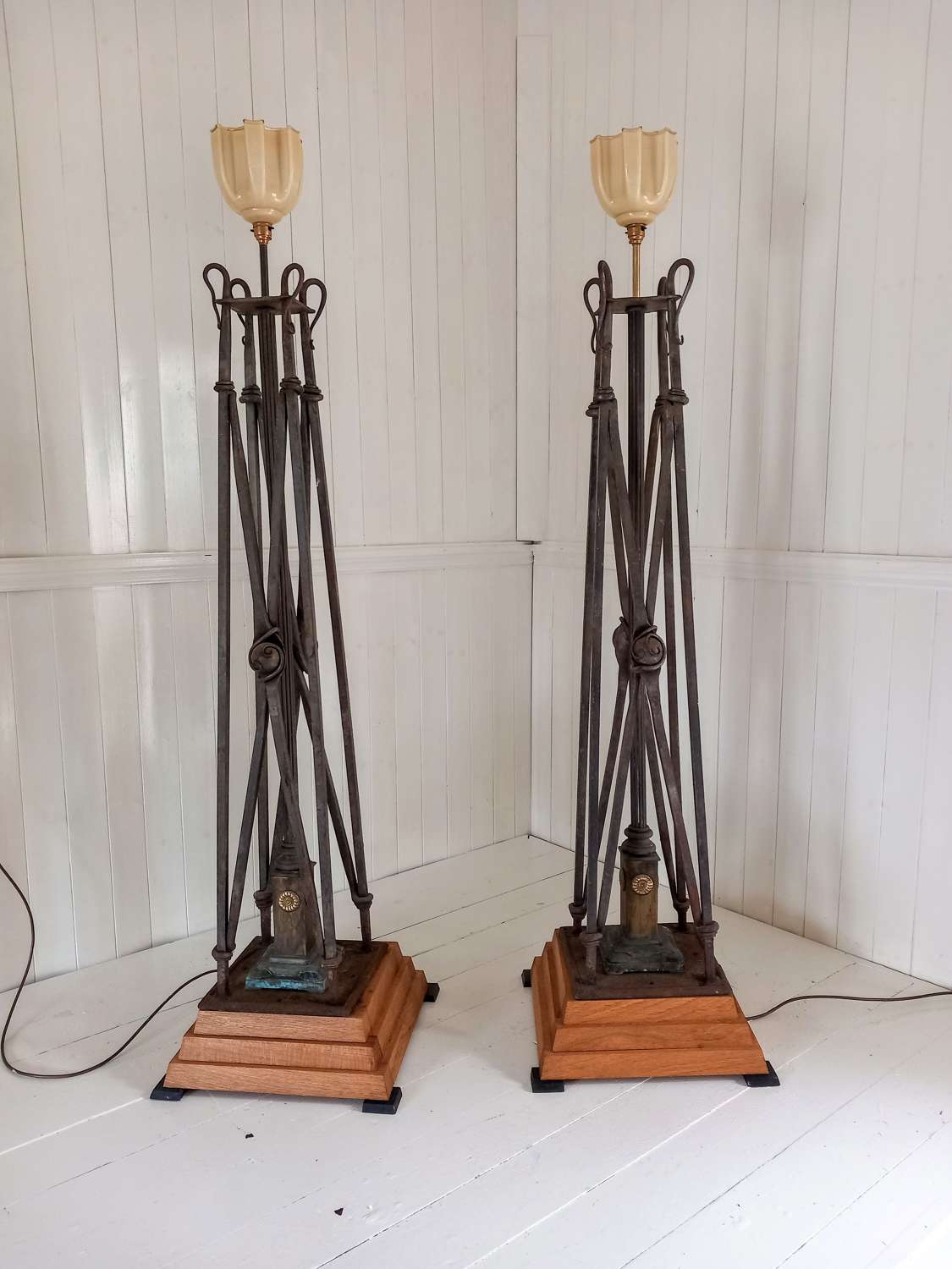Early 20th century pair of wrought iron pier lights