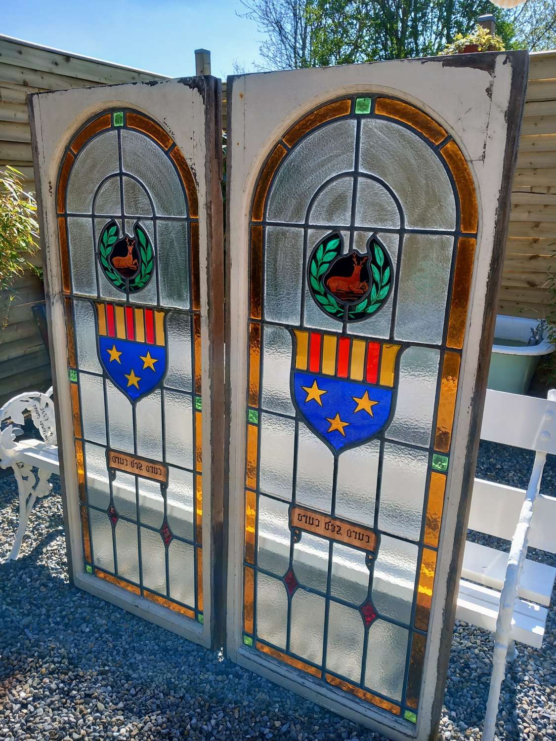 Large pair of 19th century Armourial stained glass windows