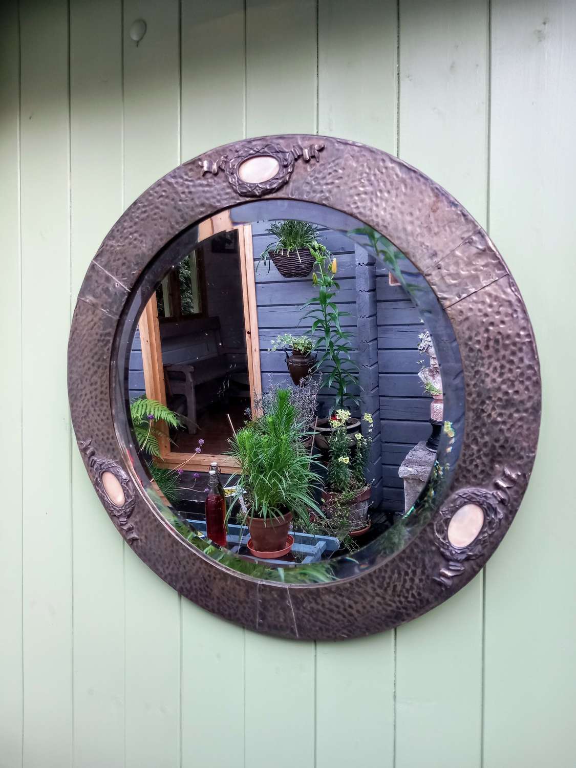 Antique Arts and Crafts movement circular mirror