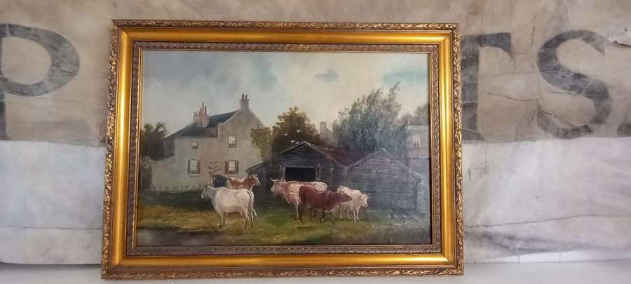 19th Century Pastoral Farmyard Scene Oil on Canvas