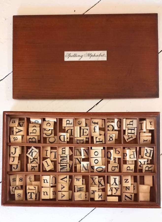 19th Century Mahogany Boxed Bone Spelling Alphabet
