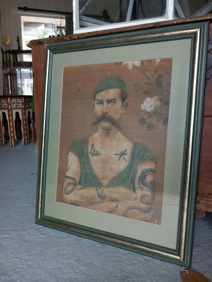 Late 19th century Painted Silk Portrait of a tattooed young man