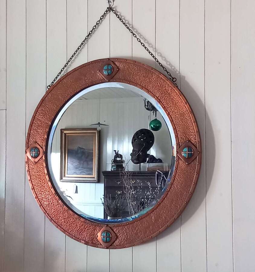 Arts & Crafts Copper Mirror with Ruskin Cabachons
