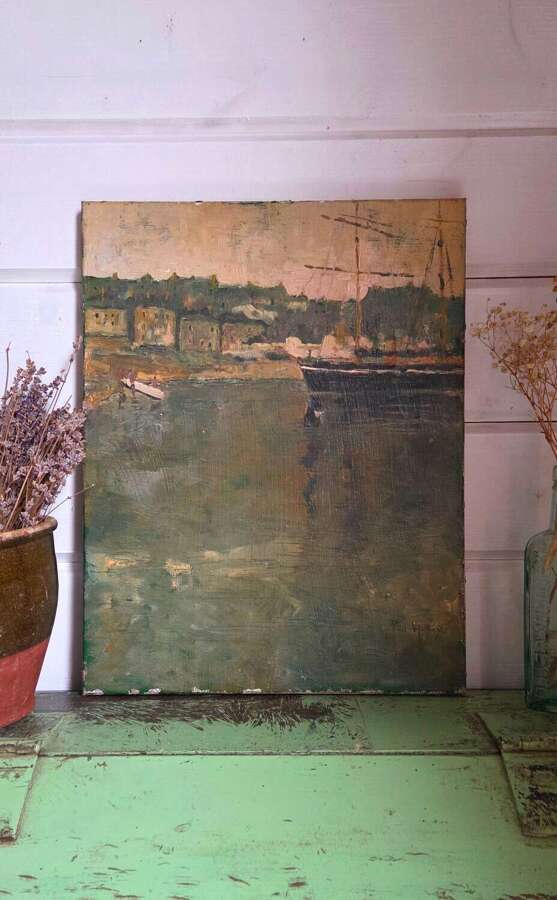 Naive Oil on Canvas study of a 19th century Schooner at anchor