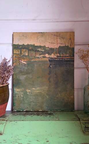 Naive Oil on Canvas study of a 19th century Schooner at anchor