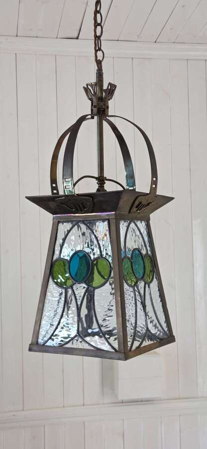 C1900 Art Nouveau brass and stained glass Hall Lantern