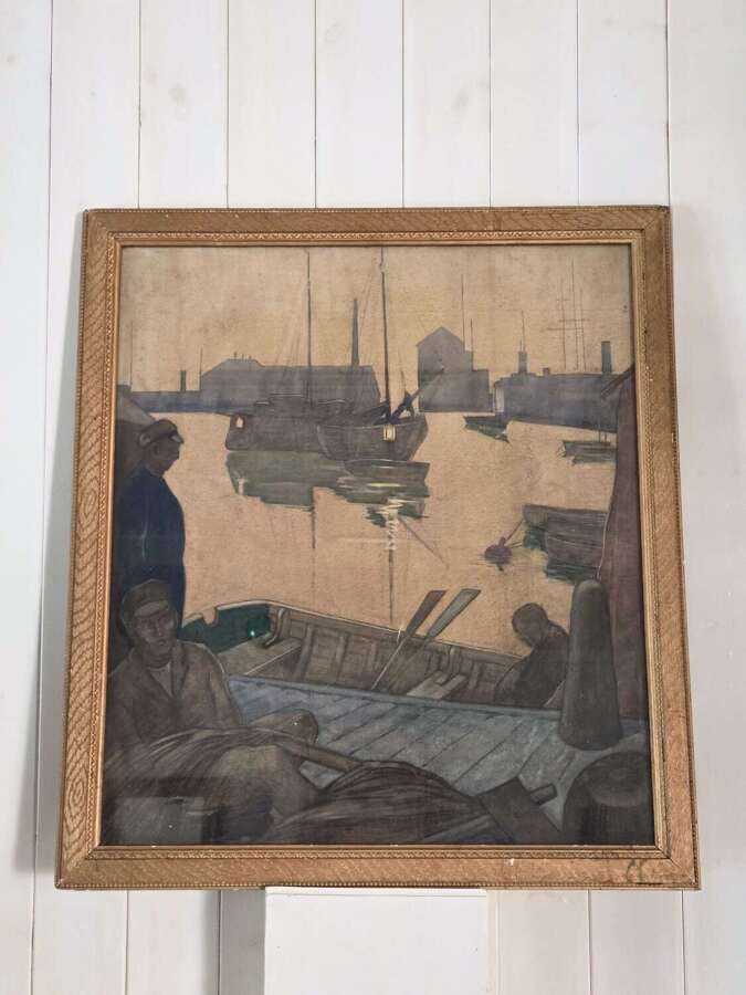 20th Century pencil and watercolour study of Fishermen and Boats in a Harbour