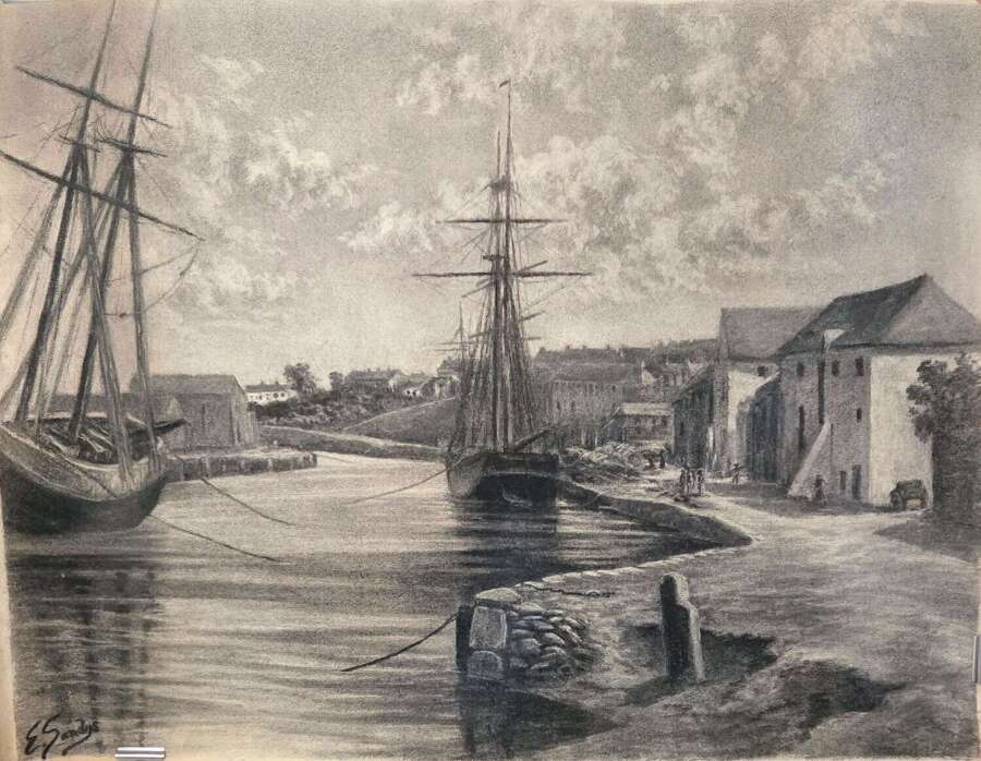 Emma Sandys 1843-1877 British. Charcoal 'The River, Wicklow' signed