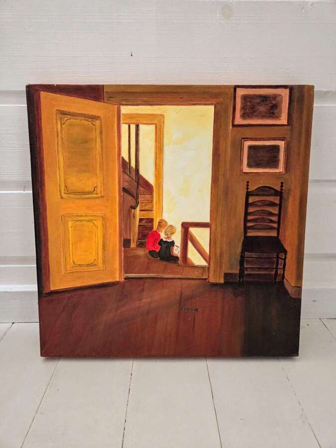 A 20th Century naive school oil on canvas interior with children.