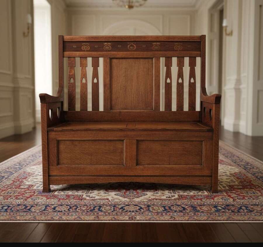 Rare Shapland&Petter Arts&Crafts period Oak box Settle c1900