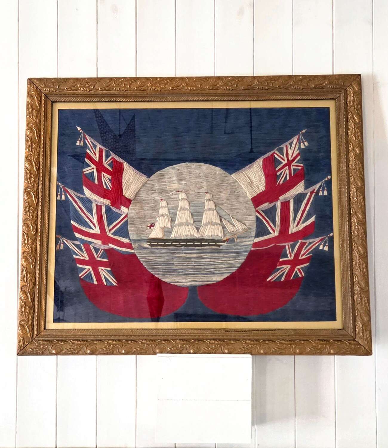 Victorian Sailors Woolwork 'Woolie' folk art picture c1860