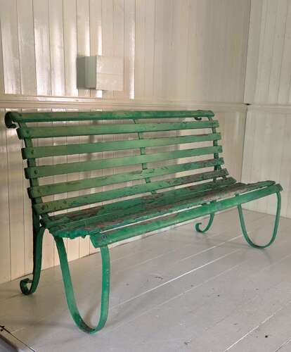 C1900 wrought iron and wooden slatted Garden Bench